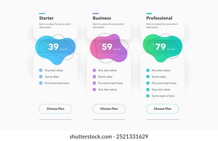 Pricing table design with three colorful subscription plans. Flat infographic design template for website or presentation.