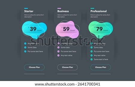 Pricing table design with three colorful subscription plans - dark version. Flat infographic design template for website or presentation.