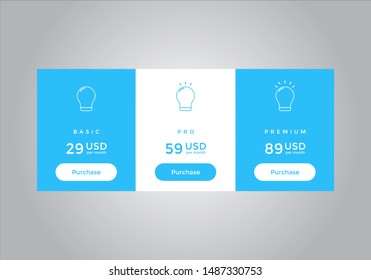 Pricing table design. vector. order, box, button, list for web. price. mobile.