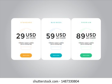 Pricing table design. vector. order, box, button, list for web. price. mobile.