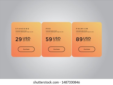 Pricing table design. vector. order, box, button, list for web. price. mobile.