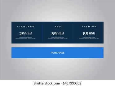 Pricing table design. vector. order, box, button, list for web. price. mobile.