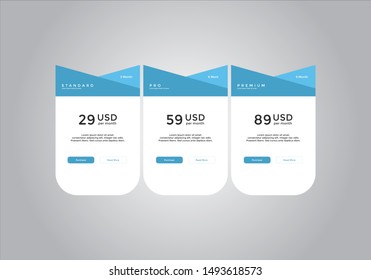Pricing table design. vector. order, box, button, list for web. price. mobile.