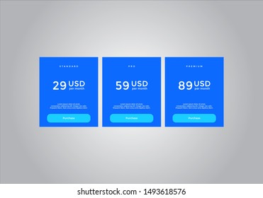 Pricing table design. vector. order, box, button, list for web. price. mobile.