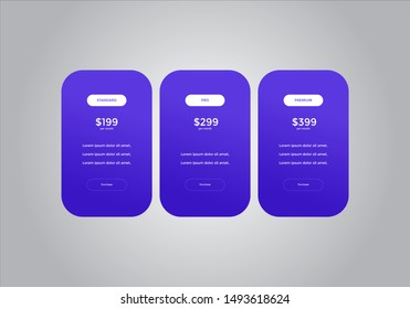 Pricing table design. vector. order, box, button, list for web. price. mobile.