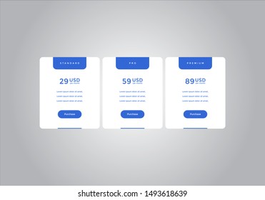 Pricing table design. vector. order, box, button, list for web. price. mobile.
