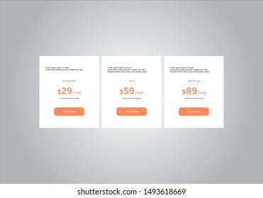 Pricing table design. vector. order, box, button, list for web. price. mobile.