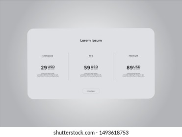 Pricing table design. vector. order, box, button, list for web. price. mobile.