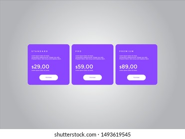 Pricing table design. vector. order, box, button, list for web. price. mobile.