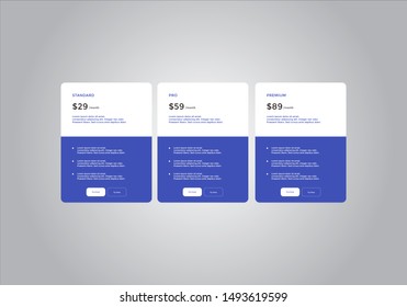 Pricing table design. vector. order, box, button, list for web. price. mobile.