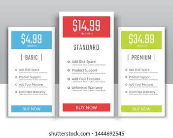 Pricing table in flat design style for websites and applications.Hosting table banner.eps10