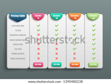 Pricing table for four products or services with description in 3d realistic style - isolated vector illustration of comparison chart of various business plans template for web site.