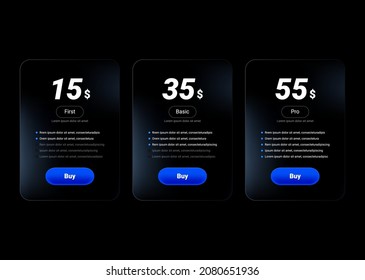 Pricing table with glass effect and blue button. or price list for websites and applications. Vector