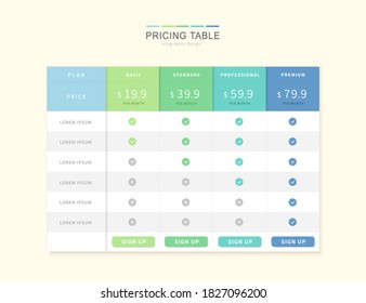 Diseño gráfico de tabla de precios con banner y plantilla vectorial de cuatro opciones 