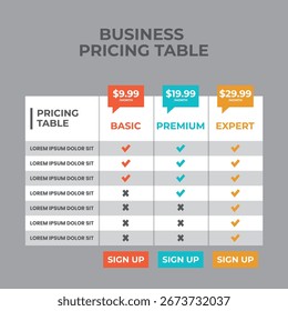 Plantilla de infografía de mesa de Precios, diseño limpio de mesa de Precios de negocios para Planes y servicios.
