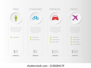 Pricing table light template with four options product subscription types with list of features and price - free, standard and premium and professional version option card