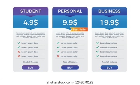 pricing table, list, plan or comparison template vector with best seller label. business presentation, infographic, website element, hosting plan.