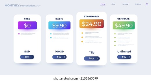 Pricing table. Monthly subscription comparison table infographic template with checklist of features. Vector web application presentation. Illustration of month plan, table compare interface