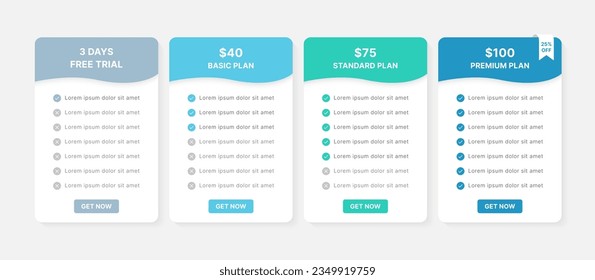 Pricing Table Packages Comparison Infographic Template Design with 4 Subscription Plans