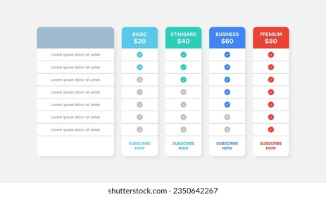 Pricing Table Packages Comparison Infographic Template Design with 4 Subscription Plans