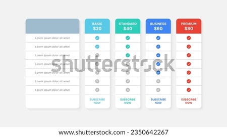 Pricing Table Packages Comparison Infographic Template Design with 4 Subscription Plans ストックフォト © 
