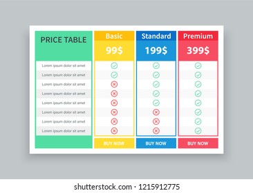 Pricing table or plans. Web pricing table design for business. Vector illustration.