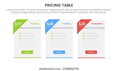 pricing table or price comparison infographic 3 point stage template with box table and header badge for slide presentation