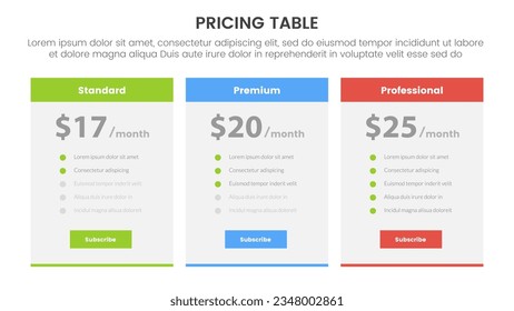 pricing table or price comparison infographic 3 point stage template with boxed table and header title for slide presentation