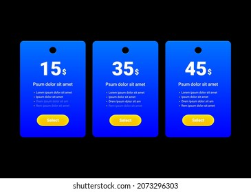 Tabla de precios o lista de precios en tarjetas azules con botón amarillo para sitios web y aplicaciones. 3 bloques comparan los carteles arancelarios sobre fondo oscuro. Vector 