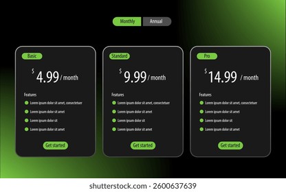 pricing table subscription plans black dark theme with green gradient background