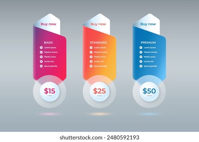 Preise-Tabelle, Abonnement-Vergleich Design-Vorlage mit Glaseffekt. Kann für Web, Anwendungen, Präsentation, Werbung verwendet werden. Vektorillustration.