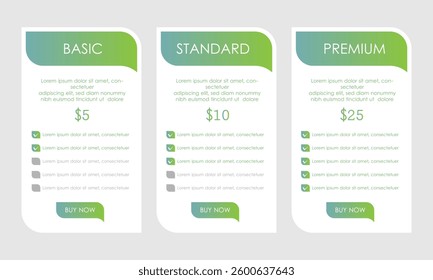 pricing table subscription plans template green for apps and website