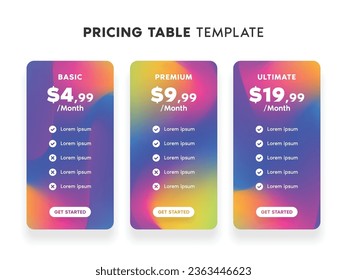 Plantilla de tabla de precios con color degradado brillante y 3 opciones para sitio web