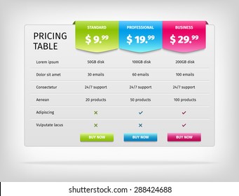 Pricing Table Template Business Plan Comparison Stock Vector Royalty Free