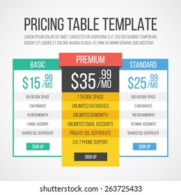 Pricing table template. Creative graphic design. Vector illustration.
