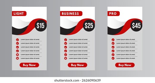 Pricing table template design for subscription plans with orange gradient theme, includes light, business, and pro package cards with feature checklists, call to action, and monthly pricing