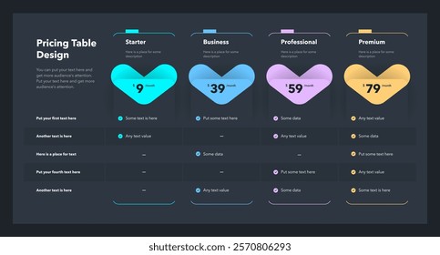 Pricing table template for four subscription plans or services - dark version. Simple flat infographic design for website marketing or promotion.