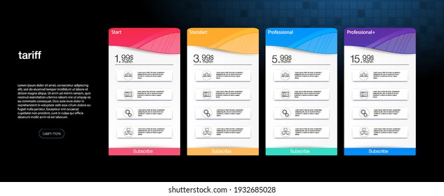 Pricing Table Template with Plans Type. Pricing table, banner.  Vector illustration of pricing subscription plan table template with blue vector illustrations.