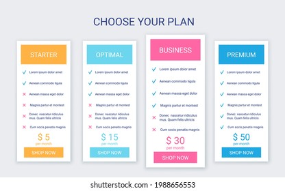 Pricing table template. Price chart grid. Comparison data plans. Vector. Spreadsheet page with 4 columns. Comparative subscription with options. Checklist compare tariff banner. Simple illustration.