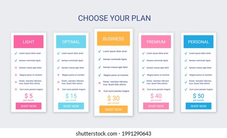 Pricing table template. Price data plans. Comparison chart grid. Vector. Spreadsheet page with 5 columns. Comparative subscription with options. Checklist compare tariff banner. Simple illustration. 