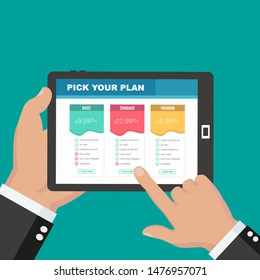 Pricing table template for tablet. flat illustration, elements for infographics