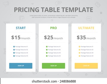 Pricing Table Template with Three Plan Type - Start Pro and Ultimate Graphic Design on Gray Background
