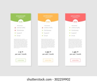 Pricing Table Template with Three Plan Type. Graphic Design on Gray Background. Three tariffs. interface for the site. ui ux vector banner for web app