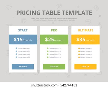Pricing Table Template with three plan type - Start, Pro and Ultimate graphic design on gray background