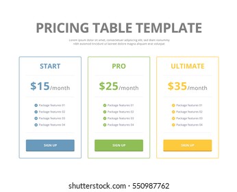 Pricing Table Template with three plan type - Start, Pro and Ultimate graphic design on white background