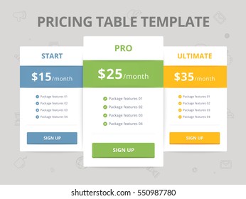 Pricing Table Template with three plan type - Start, Pro and Ultimate graphic design on gray background