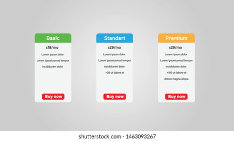 Pricing table template for web design and business, subscription plans