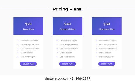 Pricing table template for web design. UI UX GUI design. Light mode vector