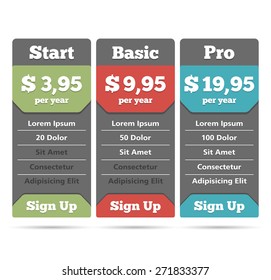 Pricing table template for web, vector eps10 illustration