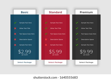 pricing table template for website and application